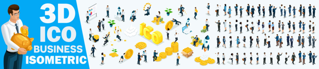 Wall Mural - large set of isometrics, 3d businessmen and businesswomen europeans and african americans. investors