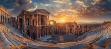 Panoramic Photo Of An Ancient Roman Theater, Grand And Majestic With Intricate Details