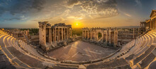 Panoramic Photo Of An Ancient Roman Theater, Grand And Majestic With Intricate Details
