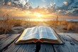 Bible open in a serene environment with the sun shining. Generative Ai