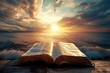 Bible Open In A Serene Environment With The Sun Shining. Generative Ai