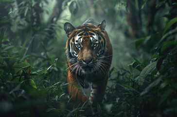 Poster - A tiger walking through the jungle, surrounded by dense fog and lush greenery