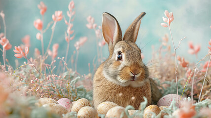 A rabbit is sitting on a bed of eggs