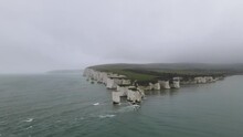 Drone Shot Of The Old Harry Rocks In Dorset, Southern England, UK
