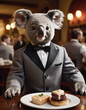 anthropomorphic koala man in work uniform works as a waiter in a fashionable restaurant