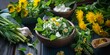 Healthy ingredients for spring detox. dandelion, asparagus, wild garlic, flowers, nettle, and cream cheese salad, Generative AI 