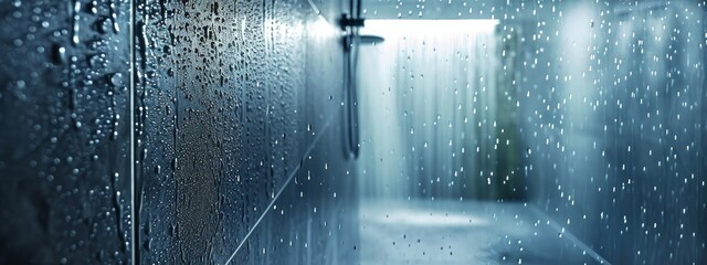 Shower room in bathroom with textured glass background and water droplets, Generative AI 