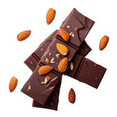 Dark chocolate bar with almonds, a sweet dessert on a transparent background