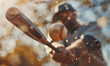 Baseball player hitting ball with bat in close up, Generative AI 