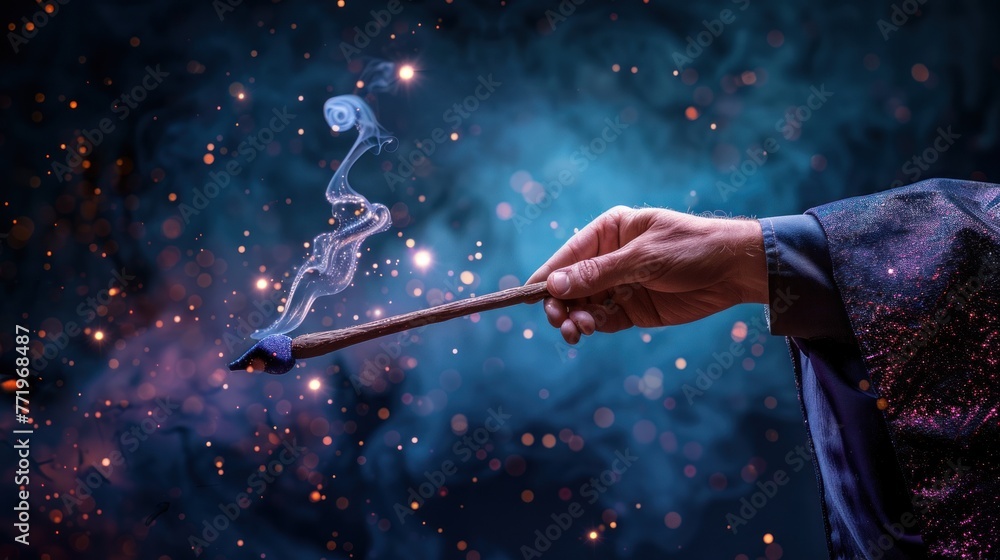 Magician's hand with magic wand and hat to show a magic trick.AI ...