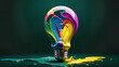 creative inspiration concept with liquid paint merging into a colorful lightbulb