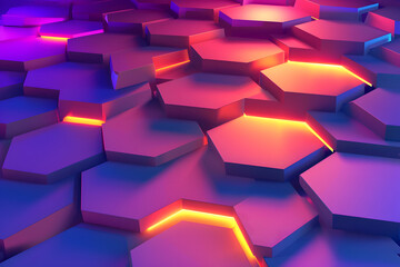 Wall Mural - abstract geometric background in the form of 3d hexagons and lights, futuristic hexagons with neon orange and purple light