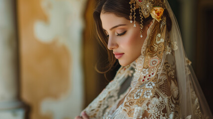 Wall Mural - Beautiful bride with an ornately embroidered veil covering her head and back.