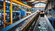 Interior of a recycling plant, with the machines working transporting plastic waste.