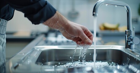 Poster - Plumber fitting high-end kitchen sink, close-up, soft indoor light, wide angle, functionality meets design. 