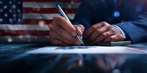 A human hand holds a ballpoint pen and writes on paper. The flag of the United States of America in the background, stars and red and white lines.