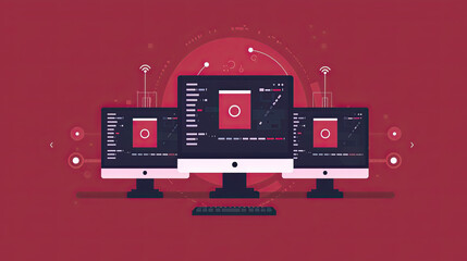Illustration. Software update in three computer screens.