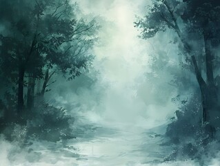 Sticker - Ethereal Mist Envelops Mystical Forest Landscape with Moody Atmosphere and Serene Ambiance