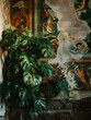 Giant Monstera Variegata plant shot growing on an old wall with painted Renaissance frescoes,Generative AI