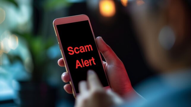 Scam alert on smartphone screen, person holding cellphone