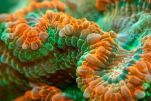 A Close-up Of A Coral Reef Ecosystem. The Coral Is Colorful And Textured.