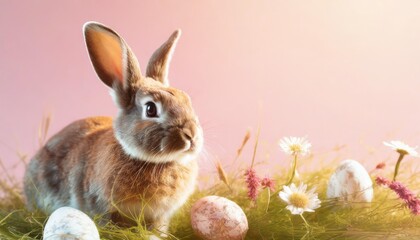 Wall Mural - cute easter rabbit with meadow flowers and grass on pink background with empty space for text or product currious small bunny symbol of spring and easter