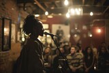 Fototapeta  - A person stands confidently in front of a microphone, ready to perform at an open mic night event