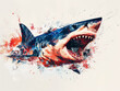 Vivid illustration of a shark in motion with red and white splatter, conveying action,ai generated
