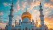 Serene mosque domes with golden spires against soft clouds