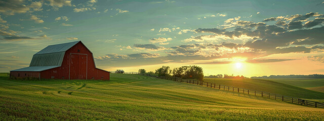 Poster - A red barn sits in a field with a beautiful sunset in the background