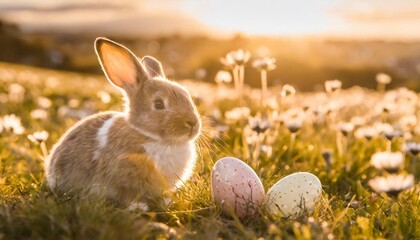 Wall Mural - cute little easter bunny sitting near easter eggs in flowery meadow golden hour sun is shining banner image
