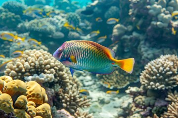  A colorful fish swimming in a coral reef. The coral is brightly colored and there are other fish visible in the background.