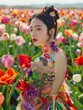 An Asian woman with fair skin in an elegant dress stands in a field of tulips.