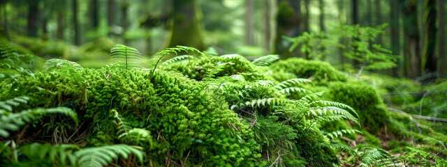 Sticker - A lush green forest with moss and ferns