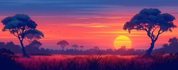 Sticker - Breathtaking Sunset over the Savannah an Enchanting Landscape in the Wild