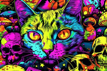 Wall Mural - A colorful illustration of Cat on witch character, whimsical wizard cat, Generative AI