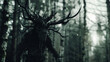 Wendigo in a hyper-realistic, haunting forest scene, reflecting primal fear and survival, under a fourteenth-dimension shot perspective. Low noise, clear details.