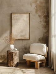 Canvas Print - Modern living room interior design in boho style: armchair in trendy, frame on gray wall.