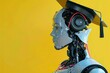 a female humanoid robot wearing a graduate hat on a yellow background. graduation from an educational institution.