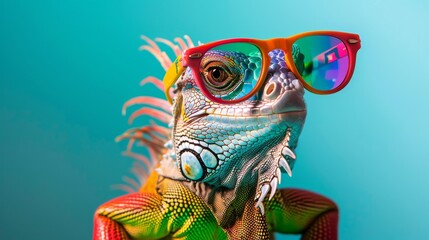 Chic iguana in orange glasses on matching tropical backdrop