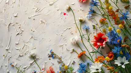 Wall Mural - Wildflowers on a white surface painted with white paint in rough strokes. Flatlay. Copyspace. Generated by artificial intelligence.