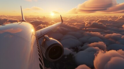 Commercial airplane flying above dramatic clouds during sunset.