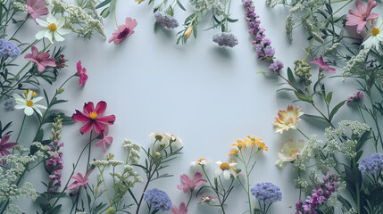 Wall Mural - Wildflowers on the edge of the frame on a blue surface. Flatlay. Copyspace. Generated by artificial intelligence.