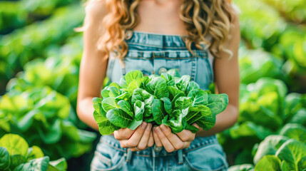 A person in denim overalls holding fresh green lettuce in a sunny farm field. Sustainable agriculture, healthy lifestyle concept.