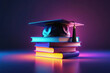 Futuristic education concept with glowing graduation hat and books neon light and neon frame.