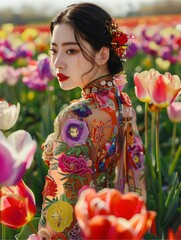 Wall Mural - Asian woman with white skin in elegant lace dress standing in a field of tulips.