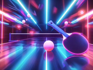 Wall Mural - Neon background with a table ping pong racket and balls