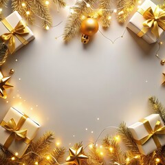 Wall Mural - Christmas greeting card. Festive decoration on white background. New Year concept. Copy space.  Flat lay. Top view. AI generated
