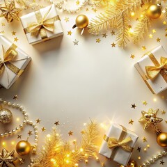 Wall Mural - Christmas greeting card. Festive decoration on white background. New Year concept. Copy space.  Flat lay. Top view. AI generated