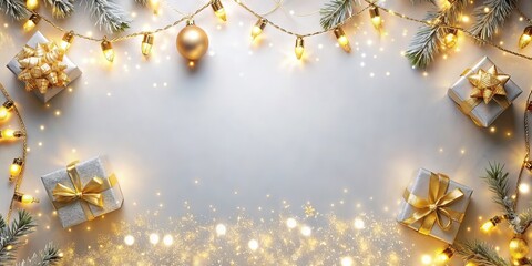 Wall Mural - Christmas greeting card. Festive decoration on white background. New Year concept. Copy space.  Flat lay. Top view. AI generated